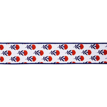 Load image into Gallery viewer, 2 1/2" Wired Dupioni Ribbon | Red/White/Blue Floral w/ Blue Backing | 10 Yard Roll