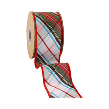 Load image into Gallery viewer, 2 1/2" Wired Ribbon | Plaid Bias Cut Red/Green/Black/White/Turquoise | 10 Yard Roll