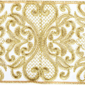 Vickerman 4"x5yd Gold/White Embroidery Ribbon: 4"X5YD / Gold / 70% Polyester, 30% Nylon