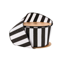 Load image into Gallery viewer, 2 1/2&quot; Wired Ribbon | Horizontal Black Glittered Stripes on White | 10 Yard Roll
