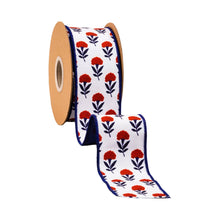 Load image into Gallery viewer, 2 1/2" Wired Dupioni Ribbon | Red/White/Blue Floral w/ Blue Backing | 10 Yard Roll