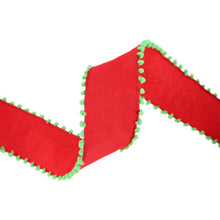 Load image into Gallery viewer, 1 1/2&quot; Wired Ribbon | Red w/ Lime Green Pom Pom Edge | 10 Yard Roll