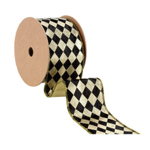 Load image into Gallery viewer, 2 1/2&quot; Wired Ribbon | Black and Gold Harlequin with Gold Backing | 10 Yard Spool