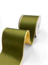 Load image into Gallery viewer, 3" Olive Satin Reversible Gold Metallic Wired Ribbon