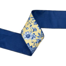 Load image into Gallery viewer, 4" Wired Dupioni Ribbon | Blue and Yellow Toile w/ Blue Backing | 10 Yard Roll