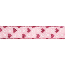 Load image into Gallery viewer, Wired Ribbon | Pink w/ Red Glitter Heart &amp; White XO | 10 Yd: 2 1/2"