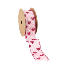 Load image into Gallery viewer, Wired Ribbon | Pink w/ Red Glitter Heart &amp; White XO | 10 Yd: 1 1/2"