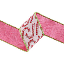 Load image into Gallery viewer, 2 1/2" Wired Jacquard Ribbon | Candy Cane on Pink w/ Dupioni Back | 5 Yard Roll