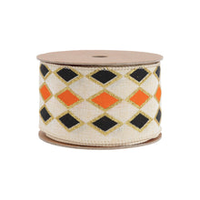 Load image into Gallery viewer, 2 1/2&quot; Wired Ribbon | Black and Orange Diamond with Gold Glitter Pattern | 10 Yard Spool