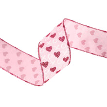 Load image into Gallery viewer, Wired Ribbon | Pink w/ Red Glitter Heart &amp; White XO | 10 Yd: 2 1/2"