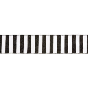 2 1/2" Wired Ribbon | Horizontal Black Glittered Stripes on White | 10 Yard Roll