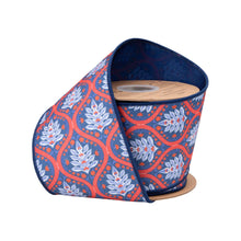 Load image into Gallery viewer, 4" Wired Dupioni Ribbon | Red/White/Blue Flame w/ Blue Backing | 10 Yard Roll