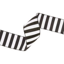 Load image into Gallery viewer, 2 1/2&quot; Wired Ribbon | Horizontal Black Glittered Stripes on White | 10 Yard Roll