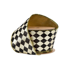 Load image into Gallery viewer, 2 1/2&quot; Wired Ribbon | Black and Gold Harlequin with Gold Backing | 10 Yard Spool