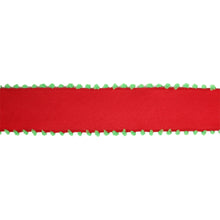 Load image into Gallery viewer, 1 1/2&quot; Wired Ribbon | Red w/ Lime Green Pom Pom Edge | 10 Yard Roll