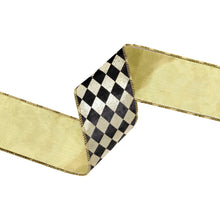 Load image into Gallery viewer, 2 1/2&quot; Wired Ribbon | Black and Gold Harlequin with Gold Backing | 10 Yard Spool