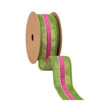 Load image into Gallery viewer, 1 1/2" Wired Velvet Ribbon w/ Trim | Green w/ Pink Trim | 10 Yard Roll