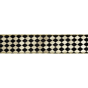 2 1/2" Wired Ribbon | Black and Gold Harlequin with Gold Backing | 10 Yard Spool
