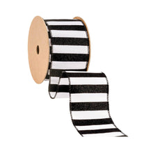 Load image into Gallery viewer, 2 1/2&quot; Wired Ribbon | Horizontal Black Glittered Stripes on White | 10 Yard Roll