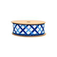 Load image into Gallery viewer, 1 1/2" Wired Dupioni Ribbon | Blue and White Decorative Stripe w/ Blue Backing | 10 Yard Roll