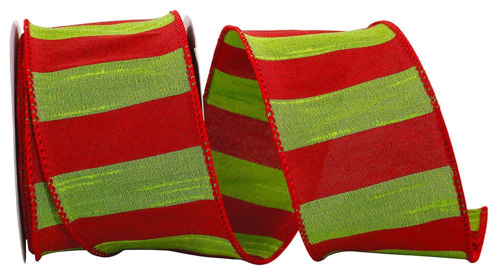 Stripe Dupioni Cindy Wired Edge, Chartreuse/red, 2-1/2 In