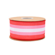 Load image into Gallery viewer, 2 1/2" Wired Dupioni Ribbon | Red and Pink Stripe w/ Red Backing | 10 Yard Roll