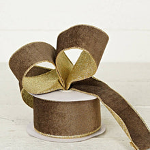 Load image into Gallery viewer, 2.5inWx10Yard Wired Ribbon-Cappuccino Velvet/Gold
