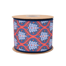 Load image into Gallery viewer, 4" Wired Dupioni Ribbon | Red/White/Blue Flame w/ Blue Backing | 10 Yard Roll