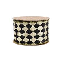 Load image into Gallery viewer, 2 1/2&quot; Wired Ribbon | Black and Gold Harlequin with Gold Backing | 10 Yard Spool