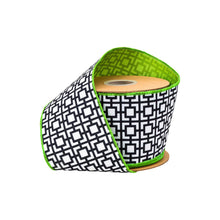 Load image into Gallery viewer, 4" Wired Dupioni Ribbon | Black/White Breeze Block w/ Lime Green Backing | 10 Yard Roll