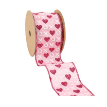 Load image into Gallery viewer, Wired Ribbon | Pink w/ Red Glitter Heart &amp; White XO | 10 Yd: 2 1/2"