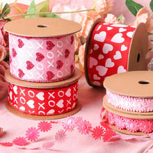 Load image into Gallery viewer, Wired Ribbon | Pink w/ Red Glitter Heart &amp; White XO | 10 Yd: 2 1/2"