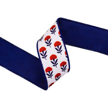 Load image into Gallery viewer, 2 1/2" Wired Dupioni Ribbon | Red/White/Blue Floral w/ Blue Backing | 10 Yard Roll