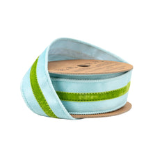 Load image into Gallery viewer, 1 1/2" Wired Velvet Ribbon w/ Trim | Blue w/ Green Trim | 10 Yard Roll