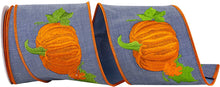 Load image into Gallery viewer, Pumpkin Embroidered Deluxe Wired, Denim, 4 In, 5 Yards
