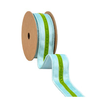 Load image into Gallery viewer, 1 1/2" Wired Velvet Ribbon w/ Trim | Blue w/ Green Trim | 10 Yard Roll