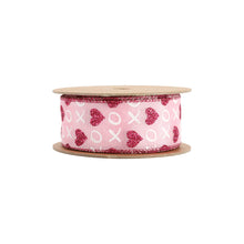 Load image into Gallery viewer, Wired Ribbon | Pink w/ Red Glitter Heart &amp; White XO | 10 Yd: 2 1/2"