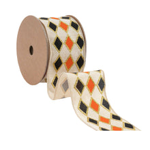Load image into Gallery viewer, 2 1/2&quot; Wired Ribbon | Black and Orange Diamond with Gold Glitter Pattern | 10 Yard Spool