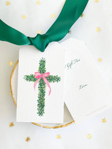 Boxwood Cross Pink Bow Gift Tag