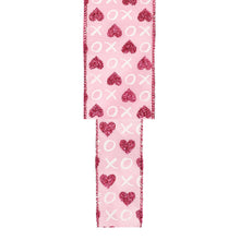Load image into Gallery viewer, Wired Ribbon | Pink w/ Red Glitter Heart &amp; White XO | 10 Yd: 1 1/2"