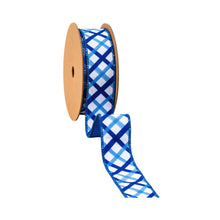Load image into Gallery viewer, 1 1/2" Wired Dupioni Ribbon | Blue and White Decorative Stripe w/ Blue Backing | 10 Yard Roll