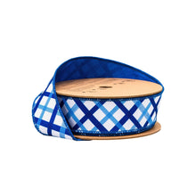 Load image into Gallery viewer, 1 1/2" Wired Dupioni Ribbon | Blue and White Decorative Stripe w/ Blue Backing | 10 Yard Roll