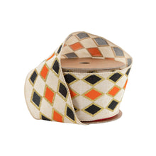 Load image into Gallery viewer, 2 1/2&quot; Wired Ribbon | Black and Orange Diamond with Gold Glitter Pattern | 10 Yard Spool