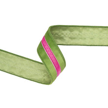 Load image into Gallery viewer, 1 1/2" Wired Velvet Ribbon w/ Trim | Green w/ Pink Trim | 10 Yard Roll
