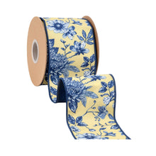 Load image into Gallery viewer, 4" Wired Dupioni Ribbon | Blue and Yellow Toile w/ Blue Backing | 10 Yard Roll
