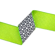 Load image into Gallery viewer, 4" Wired Dupioni Ribbon | Black/White Breeze Block w/ Lime Green Backing | 10 Yard Roll