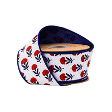 Load image into Gallery viewer, 2 1/2" Wired Dupioni Ribbon | Red/White/Blue Floral w/ Blue Backing | 10 Yard Roll