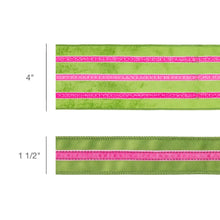 Load image into Gallery viewer, 1 1/2" Wired Velvet Ribbon w/ Trim | Green w/ Pink Trim | 10 Yard Roll