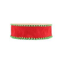 Load image into Gallery viewer, 1 1/2&quot; Wired Ribbon | Red w/ Lime Green Pom Pom Edge | 10 Yard Roll