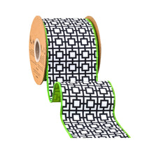 Load image into Gallery viewer, 4" Wired Dupioni Ribbon | Black/White Breeze Block w/ Lime Green Backing | 10 Yard Roll